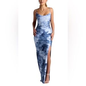 NWT Windsor Isa Cowl Neck Ultra Long Maxi Blue Floral Slip Dress Size XL Formal